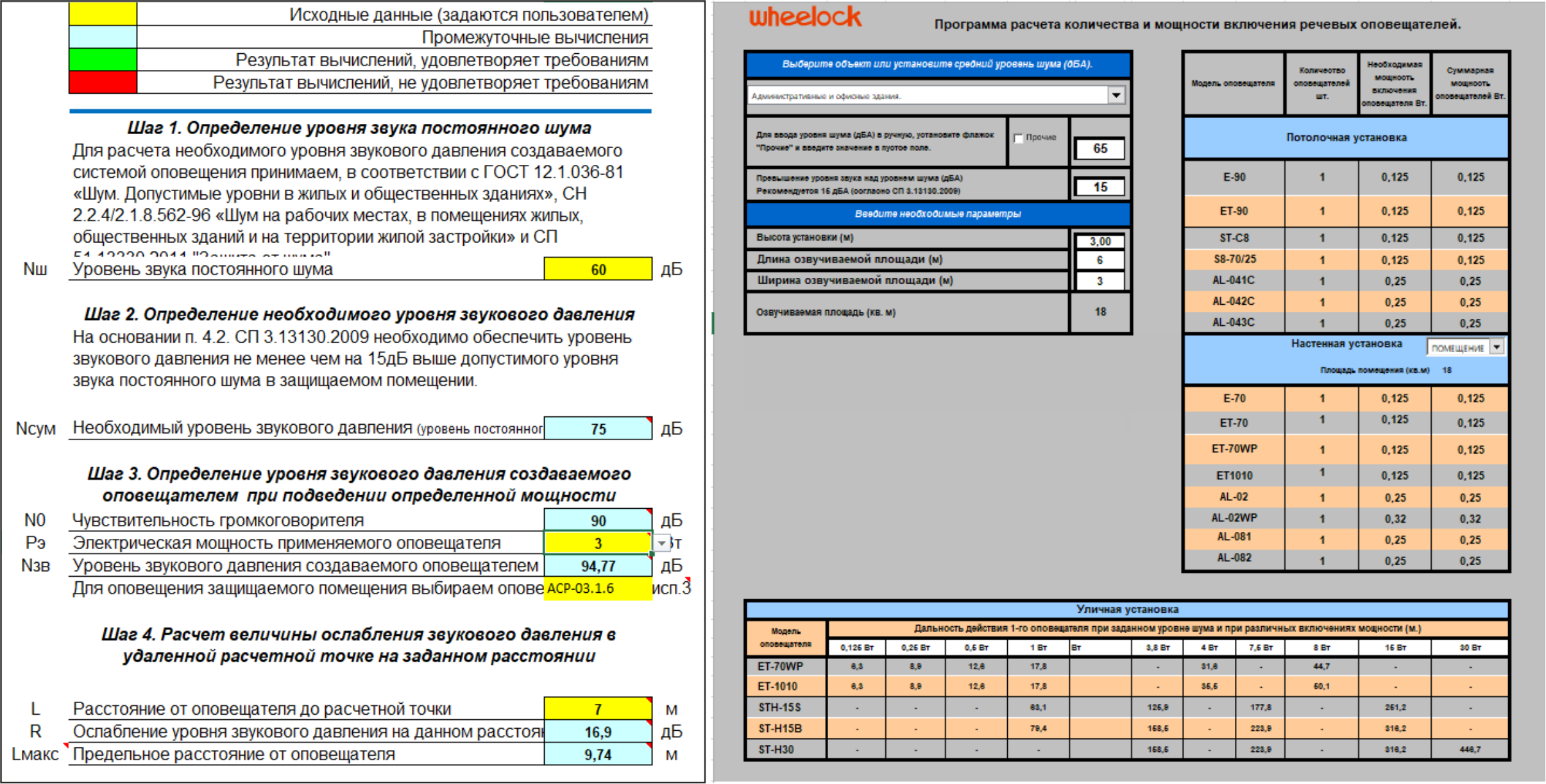 Вид таблиц Excel для расчета звукового давления